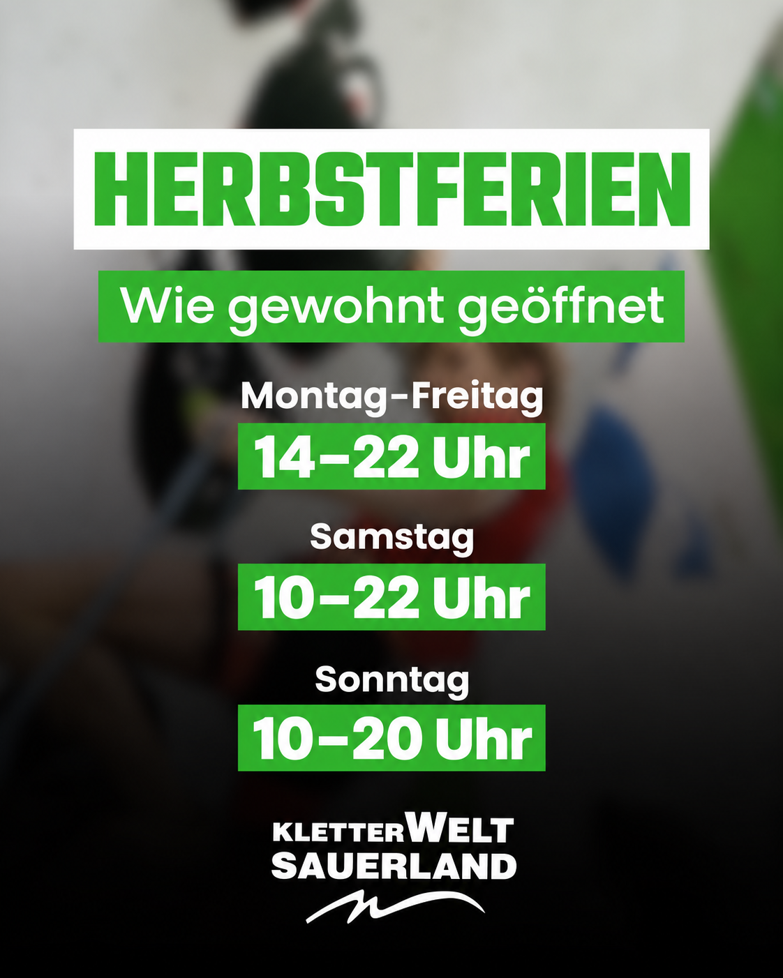 Herbstferien in der Kletterwelt Sauerland: Montag bis Freitag 14–22 Uhr, Samstag 10–22 Uhr und Sonntag 10–20 Uhr.